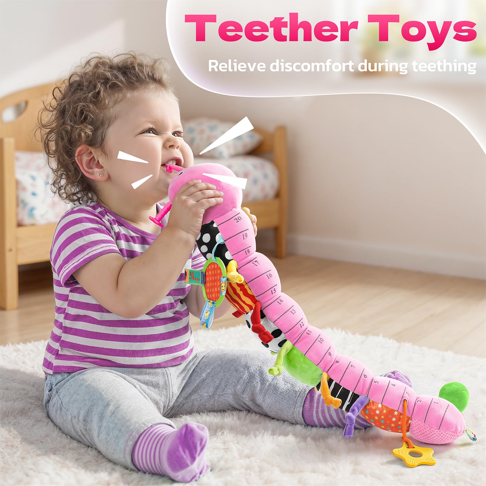 HEMRLY Baby Sensory Toy 0-6 Months, Musical Stuffed Caterpillar Plush with Teether, Crinkle, Rattle, Baby Mirror for Tummy Time, Infant Car Seat Toy for 0-3-6-12 Month Boys Girls Gifts - Knotted Pink - Image 4