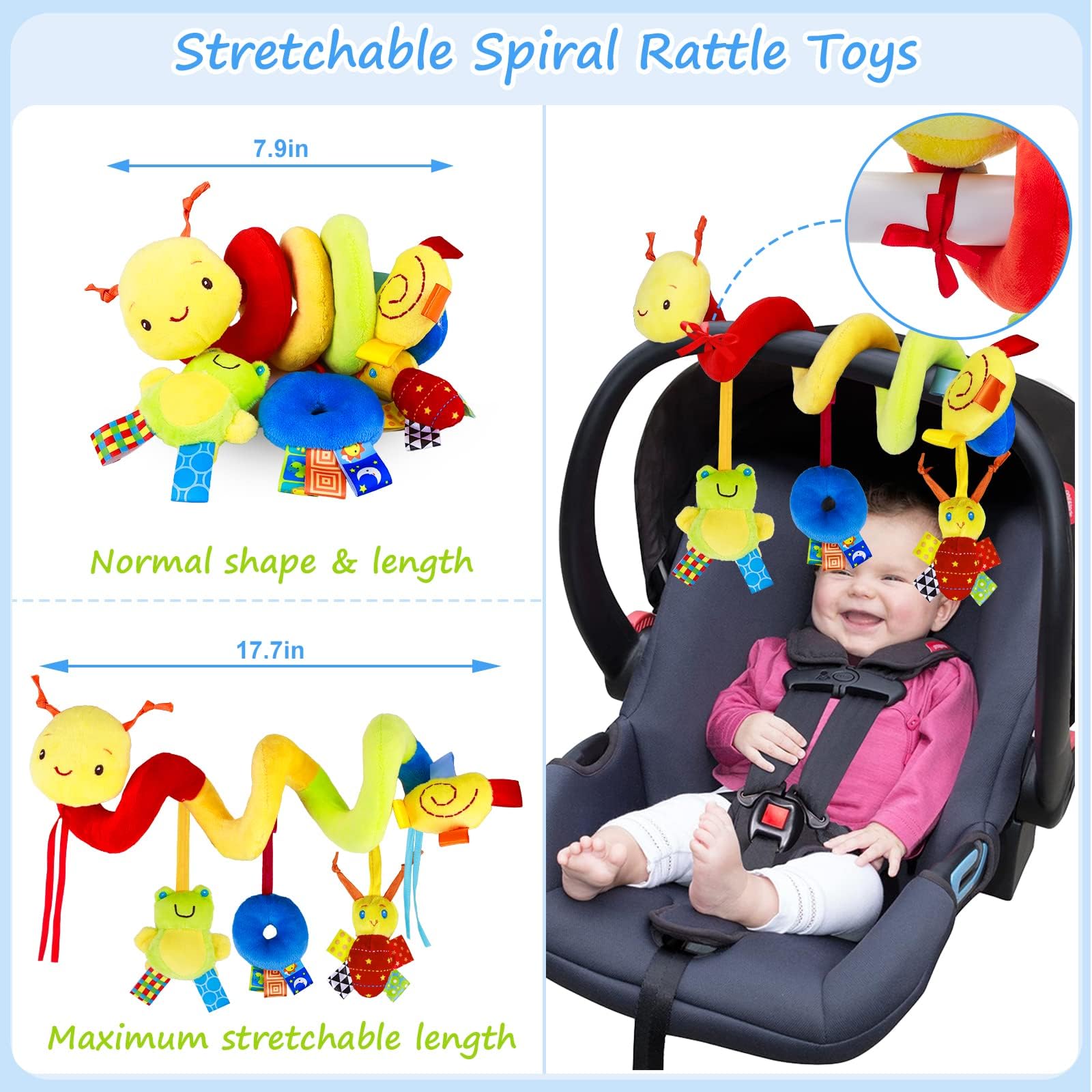 Baby Crib Hanging Rattles Toys - Infant Baby Worm Crib Bed Around Rattle Bell Cartoon Insect Spiral Hanging Toy with Ringing Bell for Infants Bed Stroller Car Seat Bar for Babies Boys and Girls - Image 4
