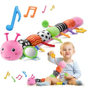 HEMRLY Baby Sensory Toy 0-6 Months, Musical Stuffed Caterpillar Plush with Teether, Crinkle, Rattle, Baby Mirror for Tummy Time, Infant Car Seat Toy for 0-3-6-12 Month Boys Girls Gifts - Knotted Pink