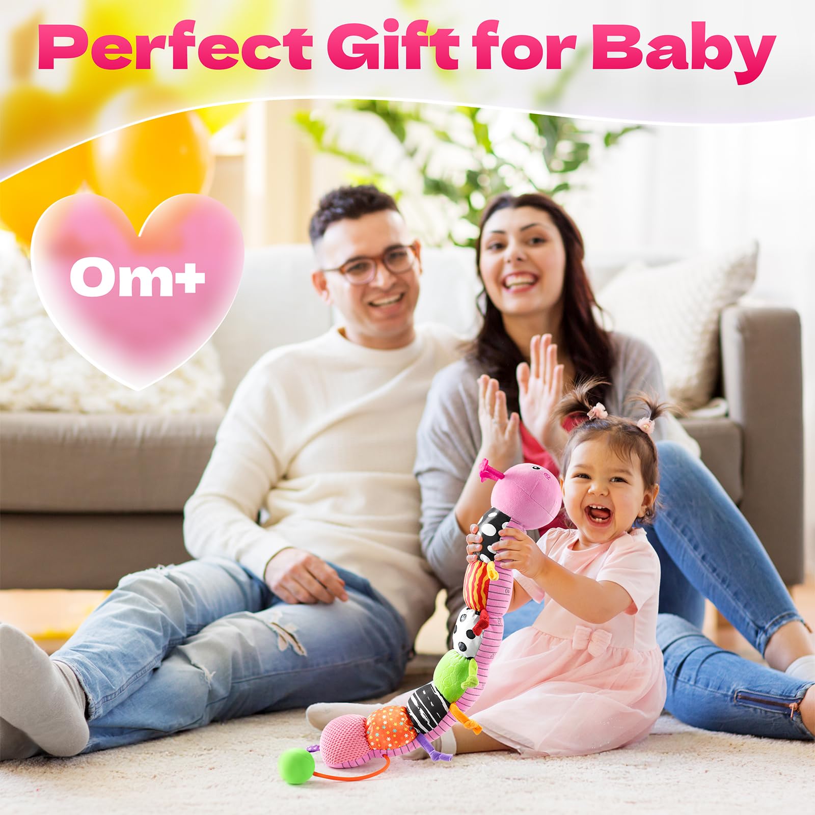 HEMRLY Baby Sensory Toy 0-6 Months, Musical Stuffed Caterpillar Plush with Teether, Crinkle, Rattle, Baby Mirror for Tummy Time, Infant Car Seat Toy for 0-3-6-12 Month Boys Girls Gifts - Knotted Pink - Image 2