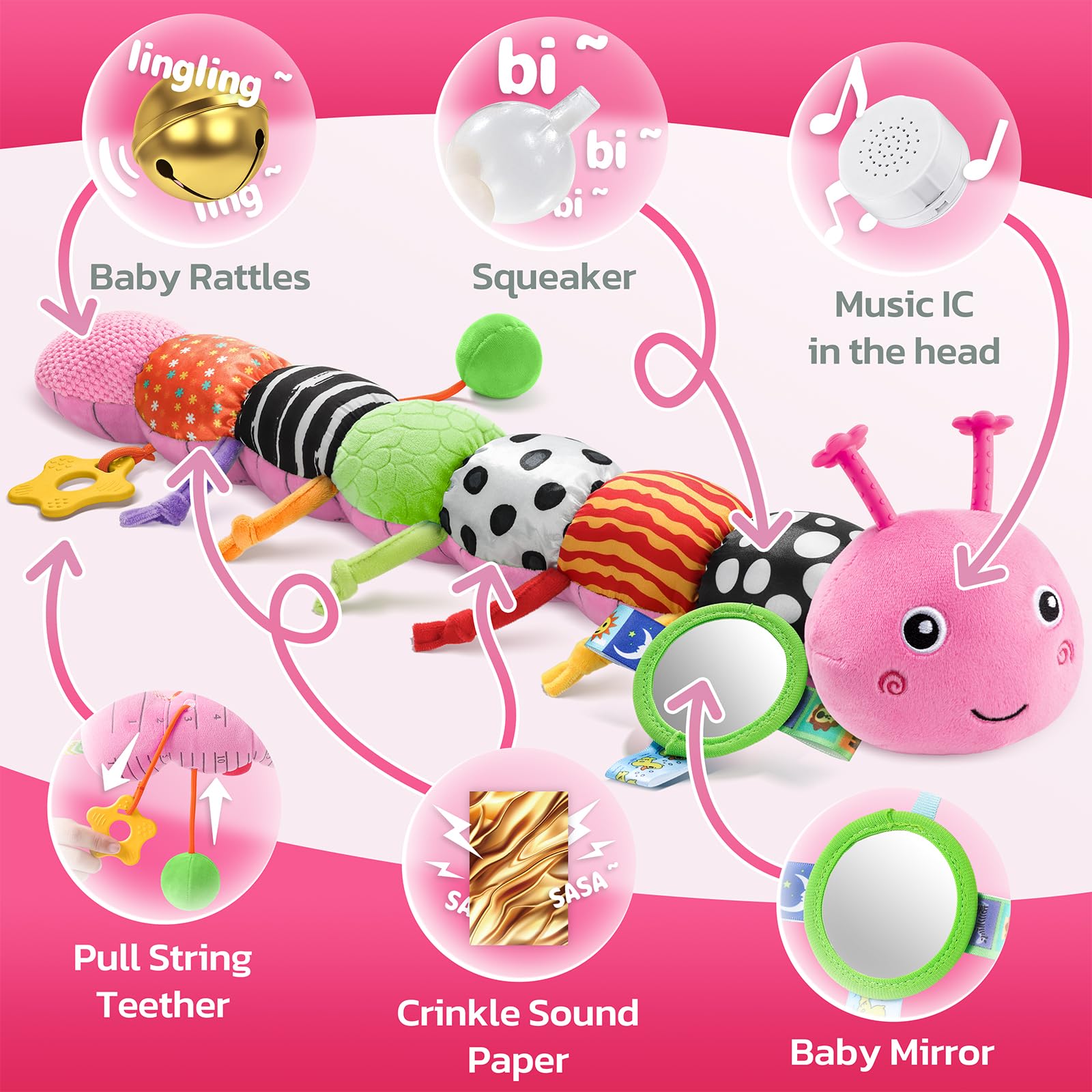 HEMRLY Baby Sensory Toy 0-6 Months, Musical Stuffed Caterpillar Plush with Teether, Crinkle, Rattle, Baby Mirror for Tummy Time, Infant Car Seat Toy for 0-3-6-12 Month Boys Girls Gifts - Knotted Pink - Image 5