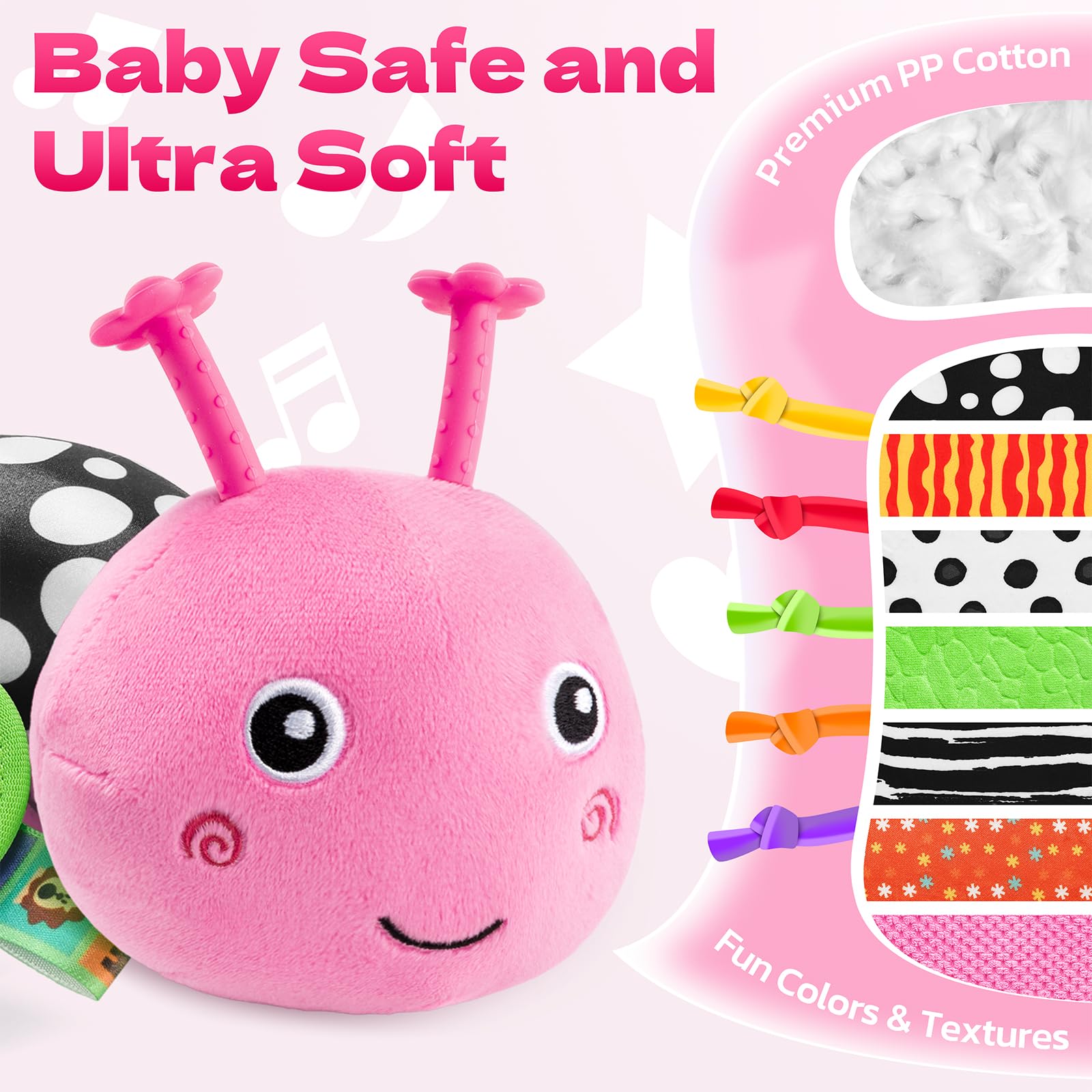 HEMRLY Baby Sensory Toy 0-6 Months, Musical Stuffed Caterpillar Plush with Teether, Crinkle, Rattle, Baby Mirror for Tummy Time, Infant Car Seat Toy for 0-3-6-12 Month Boys Girls Gifts - Knotted Pink - Image 6