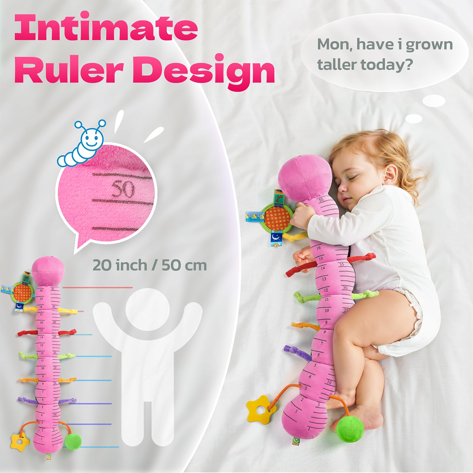 HEMRLY Baby Sensory Toy 0-6 Months, Musical Stuffed Caterpillar Plush with Teether, Crinkle, Rattle, Baby Mirror for Tummy Time, Infant Car Seat Toy for 0-3-6-12 Month Boys Girls Gifts - Knotted Pink - Image 3